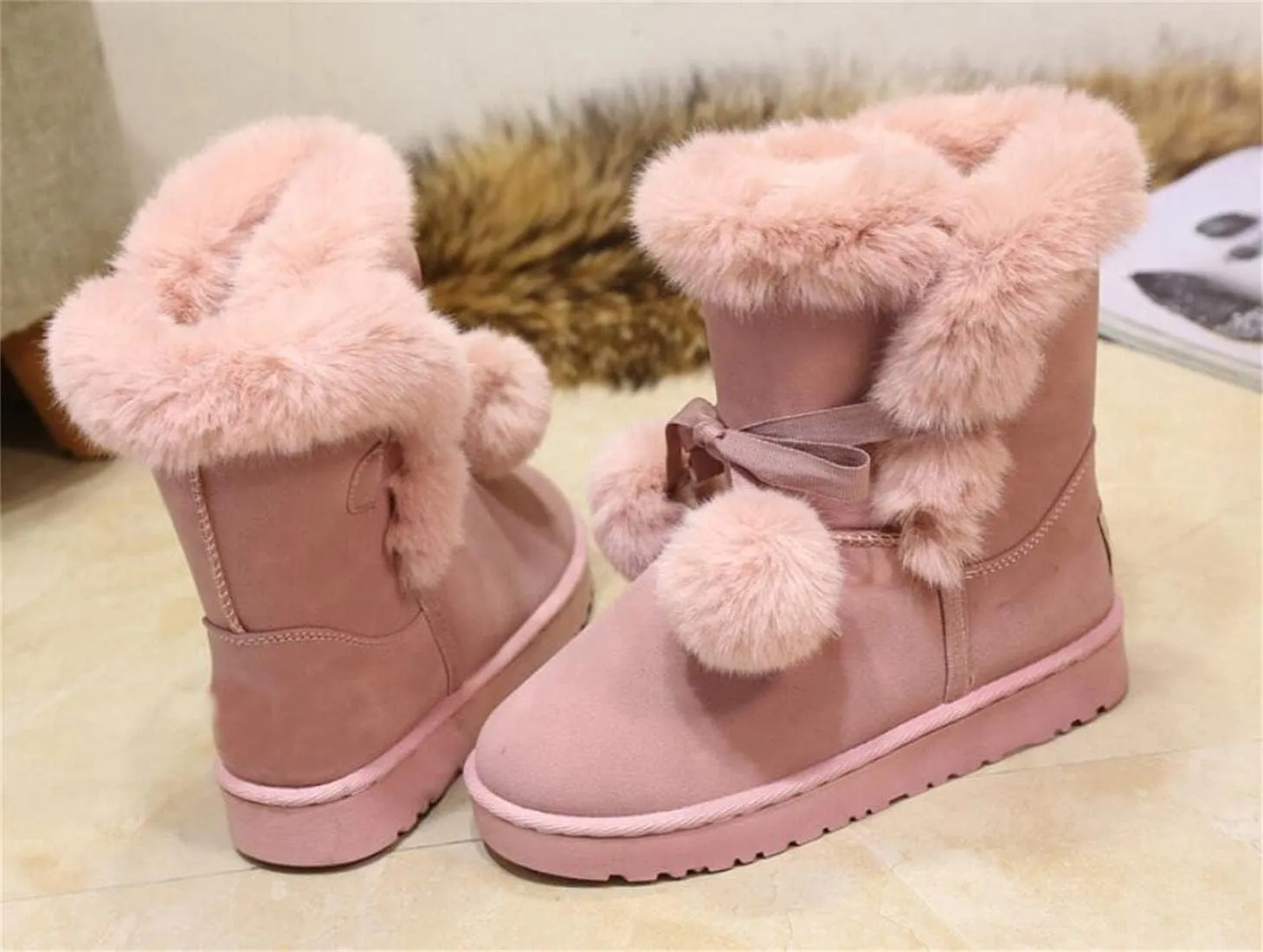 Women's Cute Pompon Lace Up Fur Winter Snow Boots Sweetheart Princess Fluffy Boots
