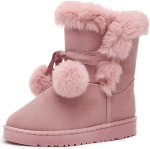 Women's Cute Pompon Lace Up Fur Winter Snow Boots Sweetheart Princess Fluffy Boots