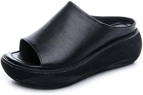 Women's Fashion Cowhide Leather Platform Sandals Comfy Soft Open Toe Slip On Wedge Casual Slides Summer Beach Lightweight Flatform Chunky Sandals