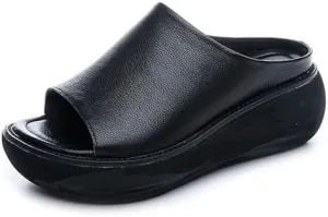 Women's Fashion Cowhide Leather Platform Sandals Comfy Soft Open Toe Slip On Wedge Casual Slides Summer Beach Lightweight Flatform Chunky Sandals