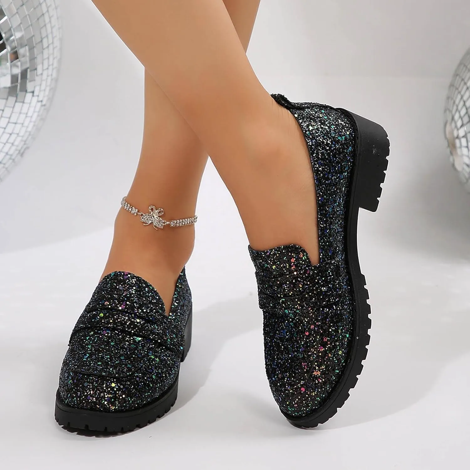 Women's Fashion Sequin Leather Leather Casual Shoes Temperament Comfortable Shoes Memory Foam Shoe Men