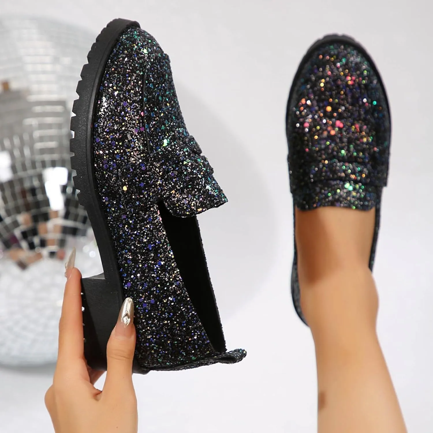Women's Fashion Sequin Leather Leather Casual Shoes Temperament Comfortable Shoes Memory Foam Shoe Men