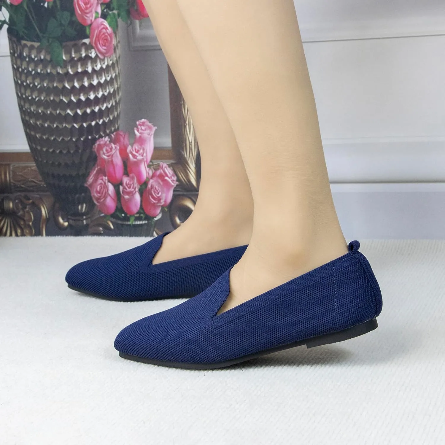 Women's Flat Loafers Square Toe Work Office Flats Shoes Comfortable Knit Slip On Penny Loafers for Women Soft Dress Ballet Flats Driving Walking Knitted Shoes