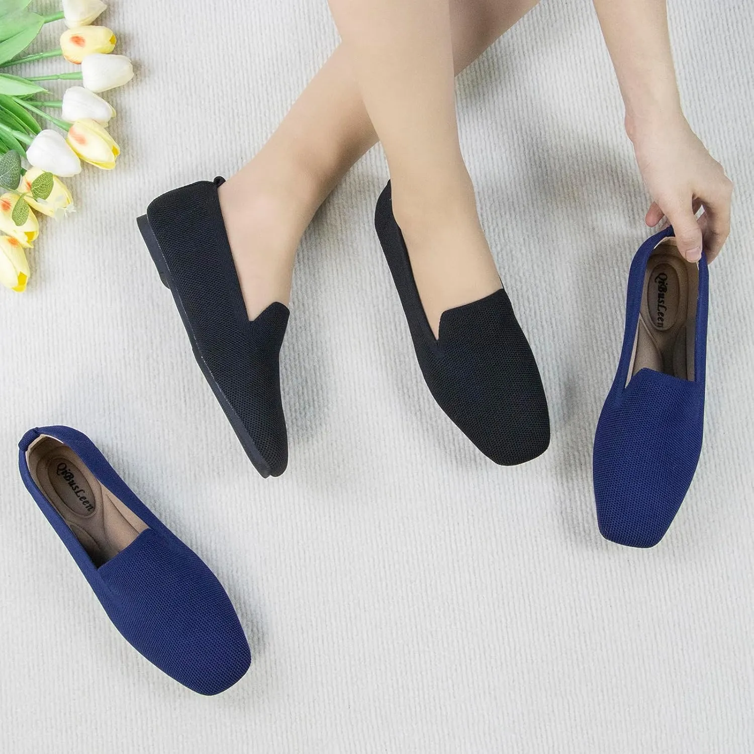 Women's Flat Loafers Square Toe Work Office Flats Shoes Comfortable Knit Slip On Penny Loafers for Women Soft Dress Ballet Flats Driving Walking Knitted Shoes