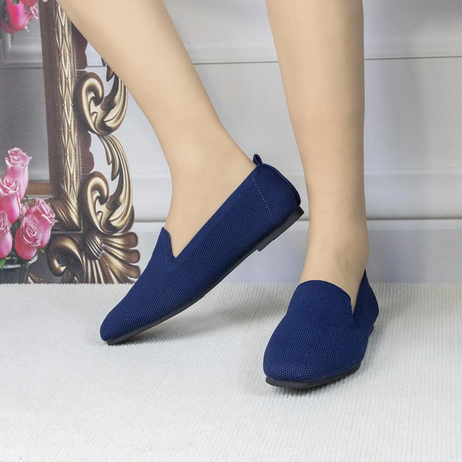 Women's Flat Loafers Square Toe Work Office Flats Shoes Comfortable Knit Slip On Penny Loafers for Women Soft Dress Ballet Flats Driving Walking Knitted Shoes