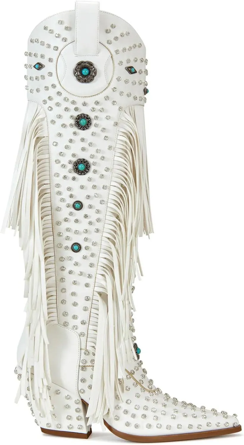 Women's Fringe Western Cowgirl Boots Pointed Toe Rhinestone Mid Calf Cowboy Boots for Women