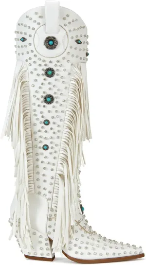 Women's Fringe Western Cowgirl Boots Pointed Toe Rhinestone Mid Calf Cowboy Boots for Women
