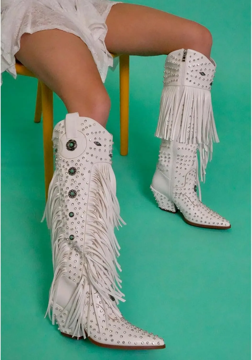 Women's Fringe Western Cowgirl Boots Pointed Toe Rhinestone Mid Calf Cowboy Boots for Women