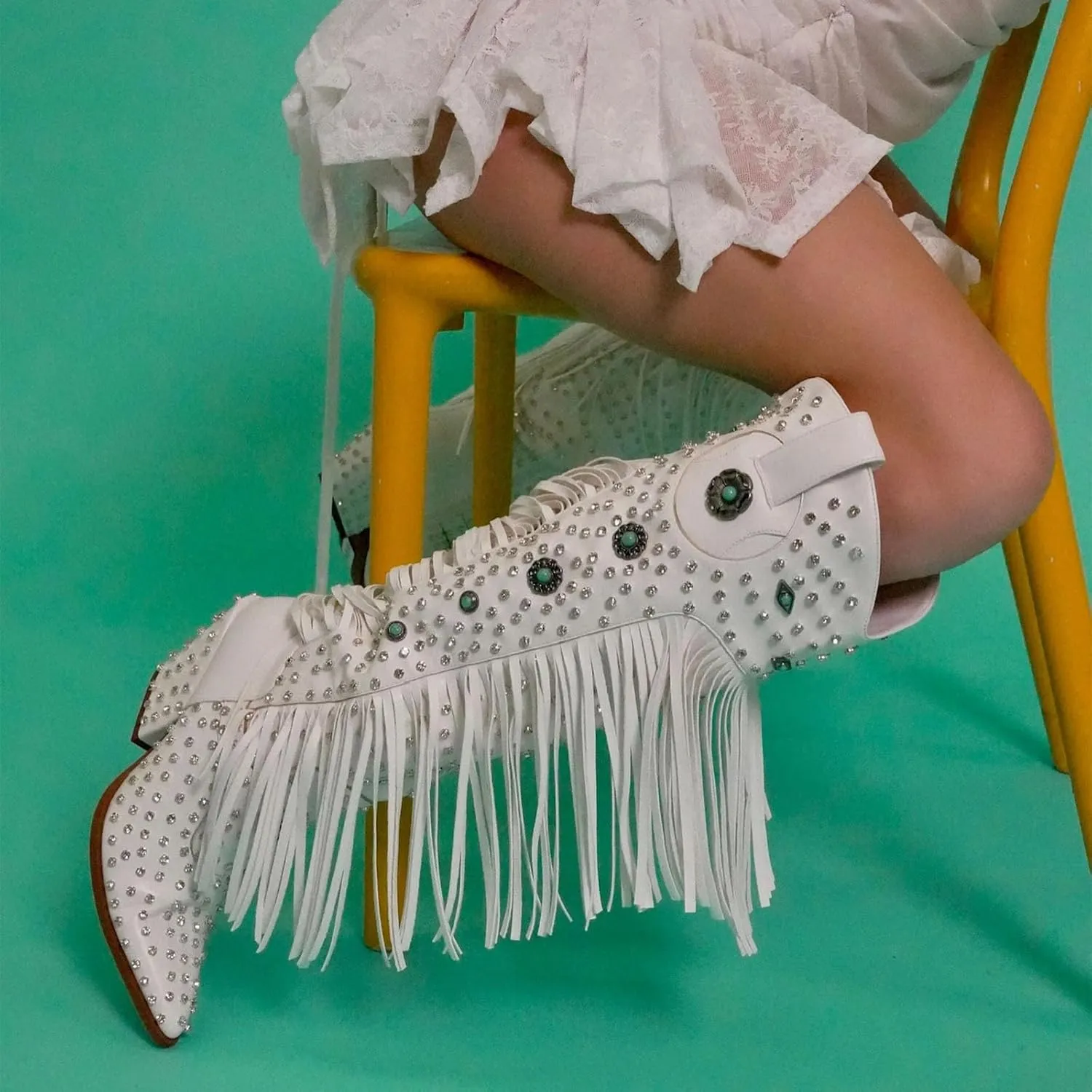 Women's Fringe Western Cowgirl Boots Pointed Toe Rhinestone Mid Calf Cowboy Boots for Women