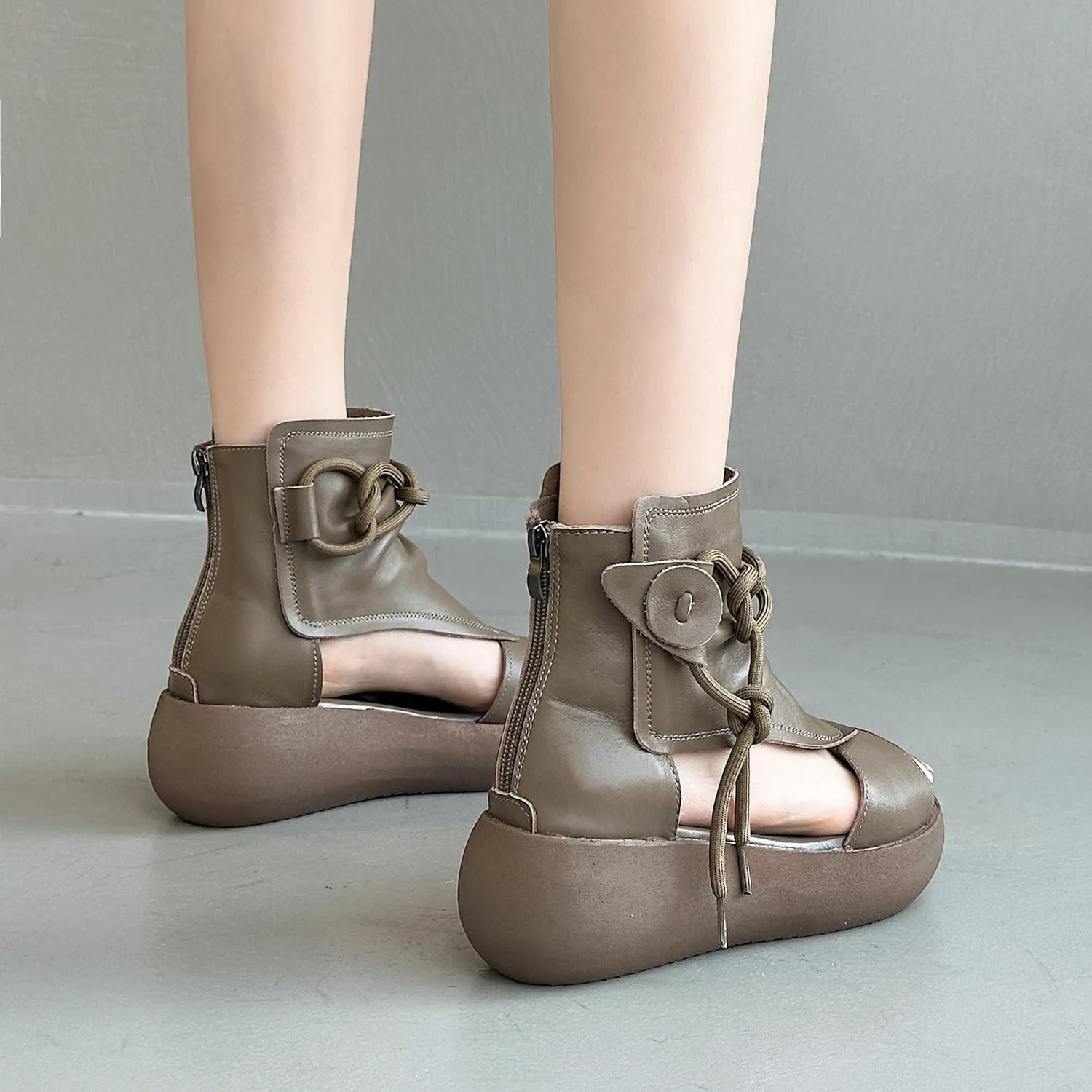 Women's High Top Leather Sandals Open Toe Boot Sandals for Women
