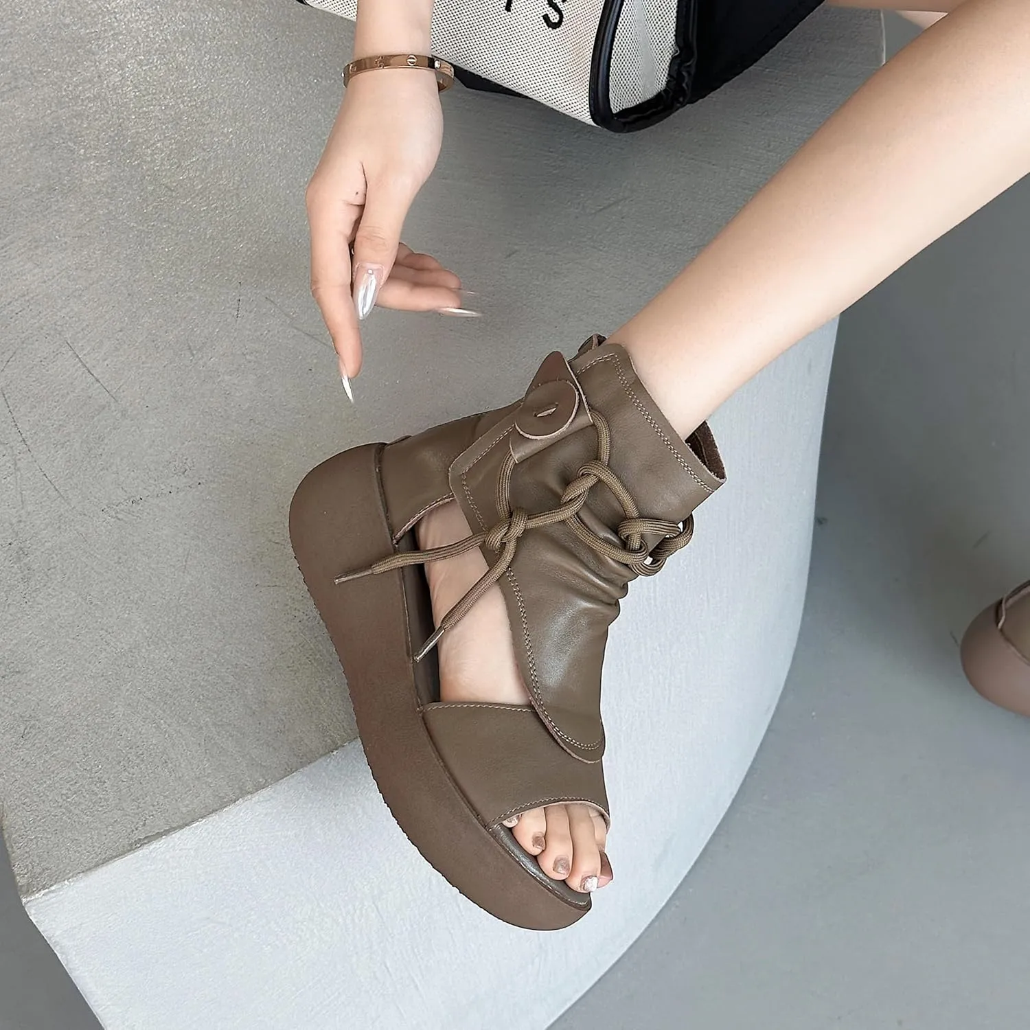Women's High Top Leather Sandals Open Toe Boot Sandals for Women