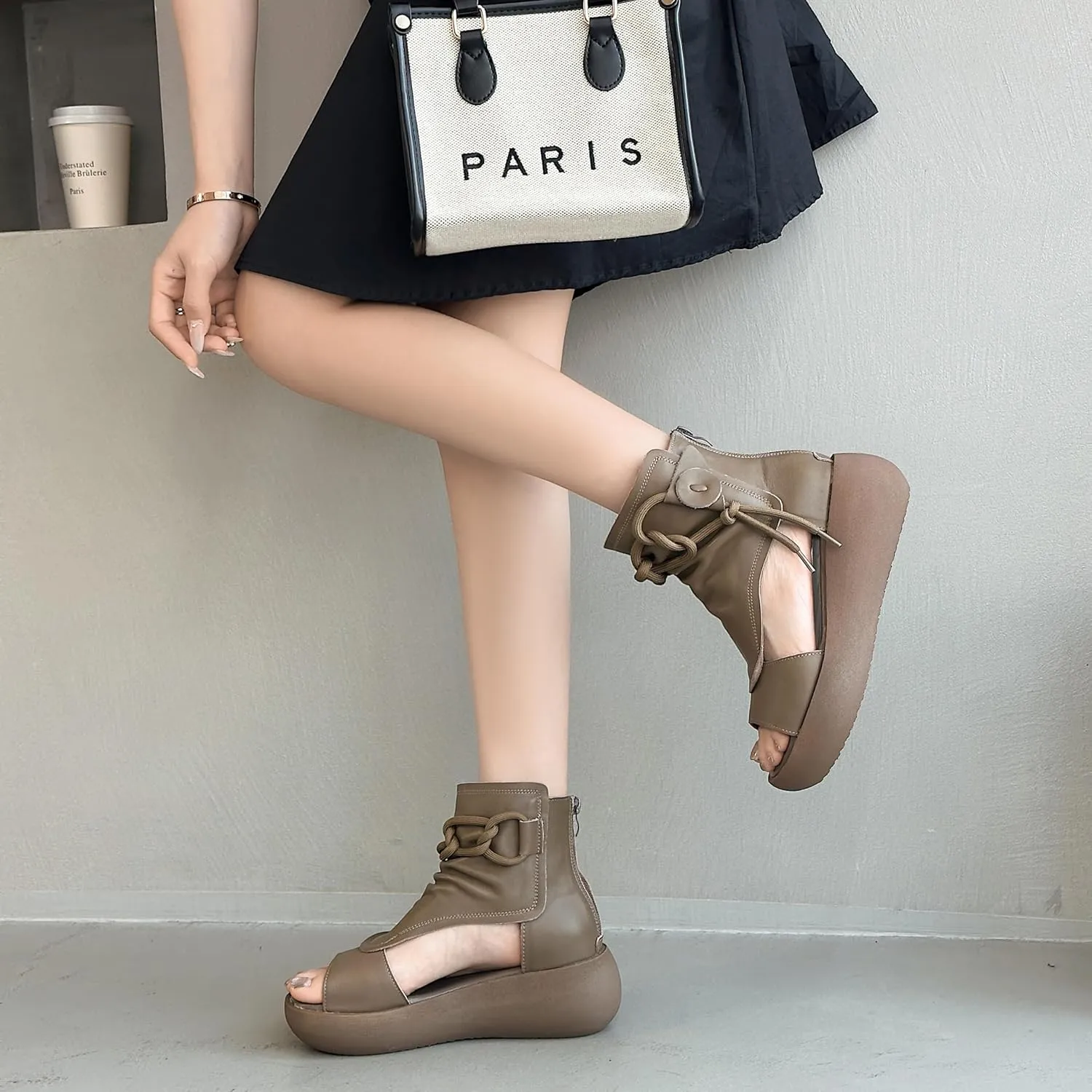 Women's High Top Leather Sandals Open Toe Boot Sandals for Women