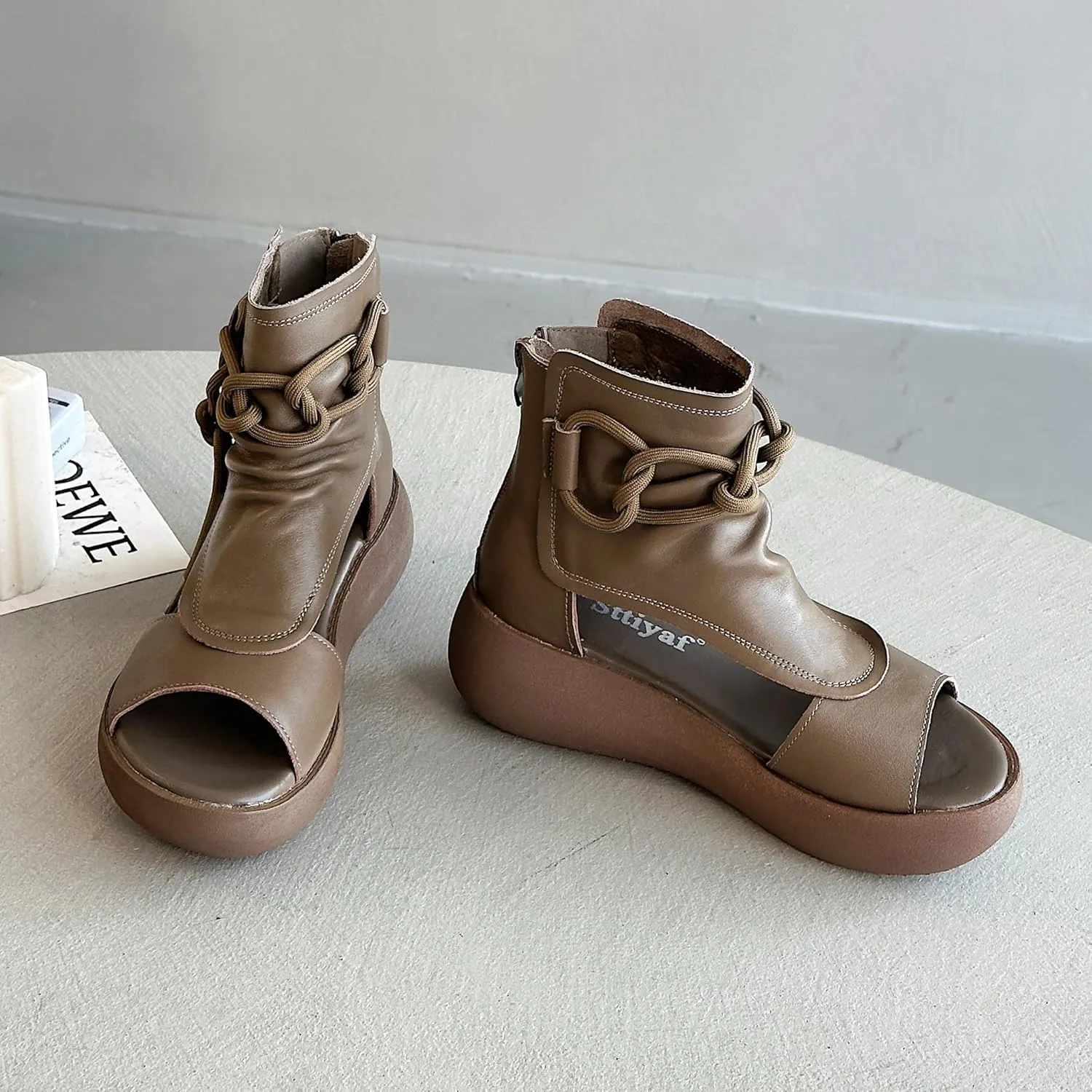 Women's High Top Leather Sandals Open Toe Boot Sandals for Women
