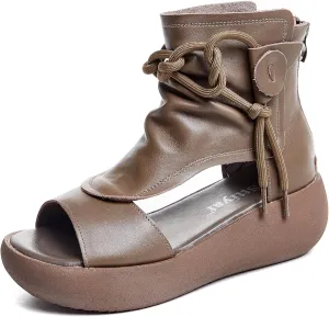 Women's High Top Leather Sandals Open Toe Boot Sandals for Women