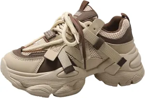 Womens Leather Platform Chunky Heels Sneakers Casual Breathable Lace Up Walking Dad Shoes Comfortable Fashion Sneakers