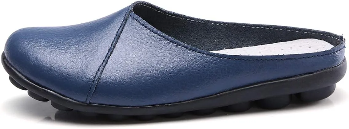 Women's Loafers Slip-on Leather Shoes Open Back Mule Casual Flat Shoes Comfortable Summer Slipper