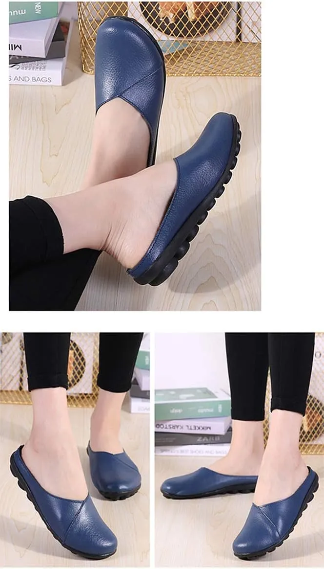 Women's Loafers Slip-on Leather Shoes Open Back Mule Casual Flat Shoes Comfortable Summer Slipper