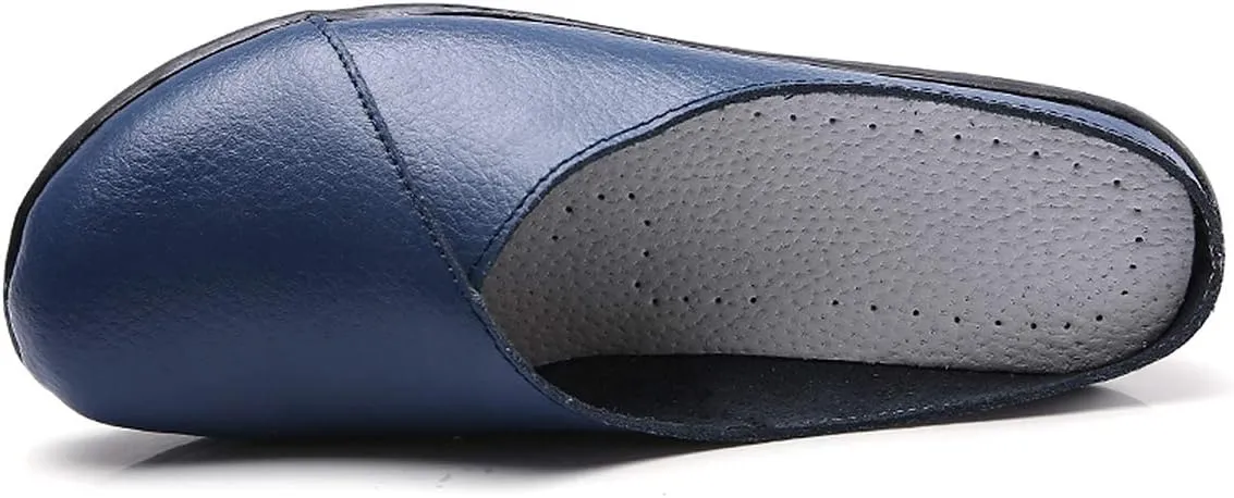Women's Loafers Slip-on Leather Shoes Open Back Mule Casual Flat Shoes Comfortable Summer Slipper