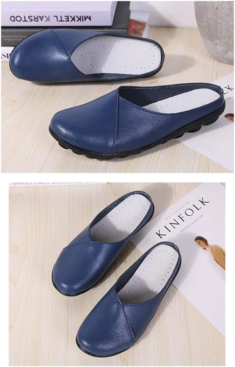 Women's Loafers Slip-on Leather Shoes Open Back Mule Casual Flat Shoes Comfortable Summer Slipper
