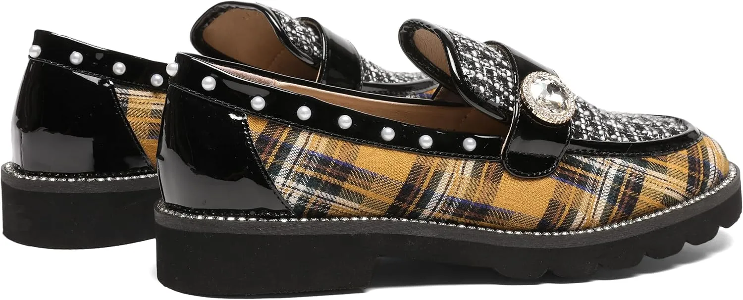 Women's Plaid Lug Sole Penny Loafers,Ladies Sparkly Rhinestones Pearl Trendy Low Heel Slip on Dressy Holiday Shoe Round Toe Comfort Party Evening Glitter Memory Foam Shoe