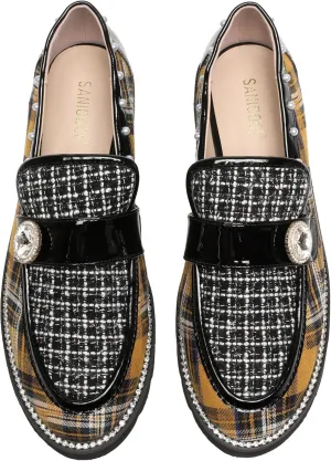 Women's Plaid Lug Sole Penny Loafers,Ladies Sparkly Rhinestones Pearl Trendy Low Heel Slip on Dressy Holiday Shoe Round Toe Comfort Party Evening Glitter Memory Foam Shoe