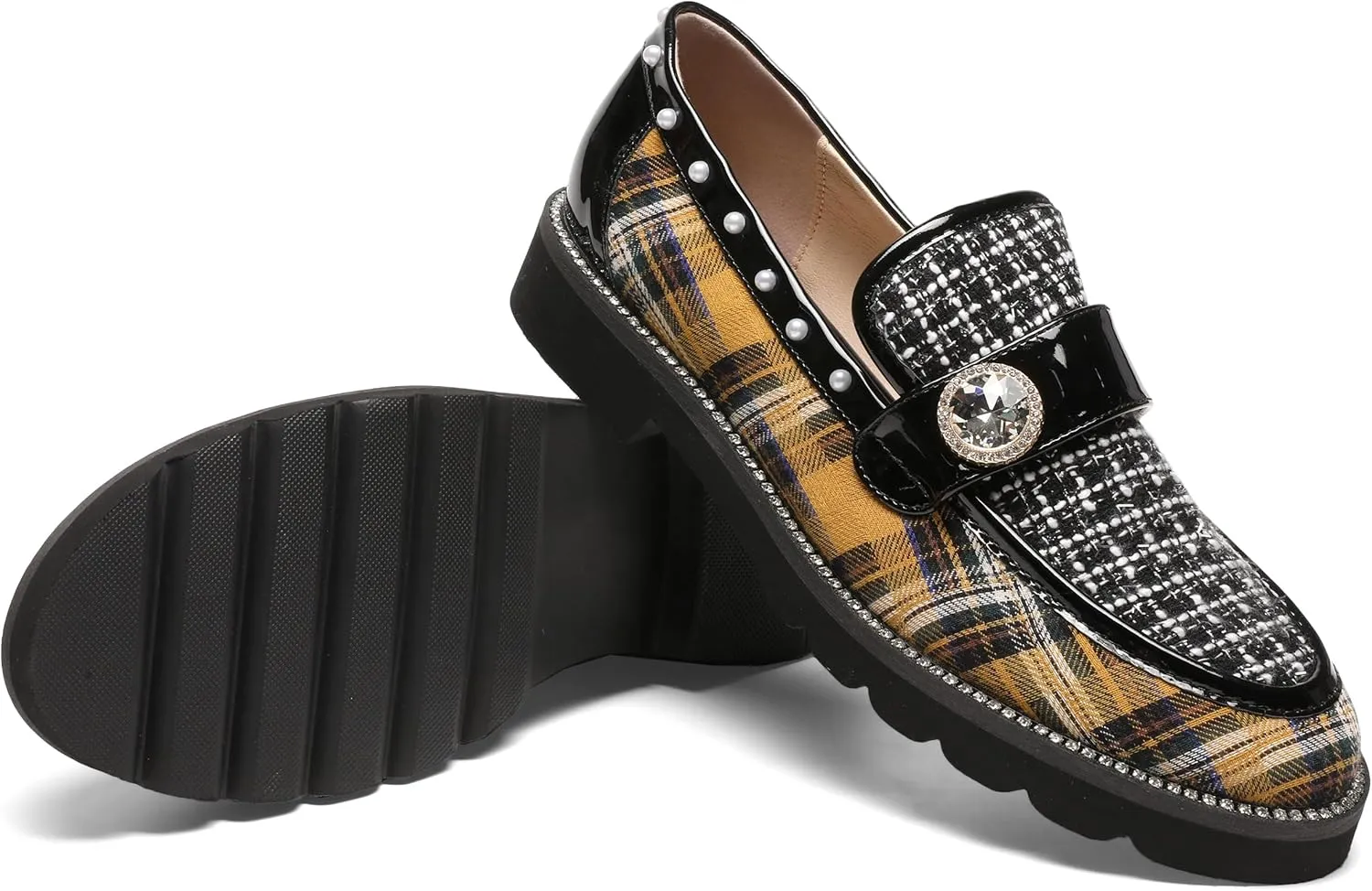 Women's Plaid Lug Sole Penny Loafers,Ladies Sparkly Rhinestones Pearl Trendy Low Heel Slip on Dressy Holiday Shoe Round Toe Comfort Party Evening Glitter Memory Foam Shoe
