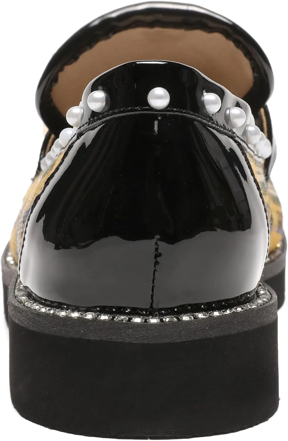 Women's Plaid Lug Sole Penny Loafers,Ladies Sparkly Rhinestones Pearl Trendy Low Heel Slip on Dressy Holiday Shoe Round Toe Comfort Party Evening Glitter Memory Foam Shoe