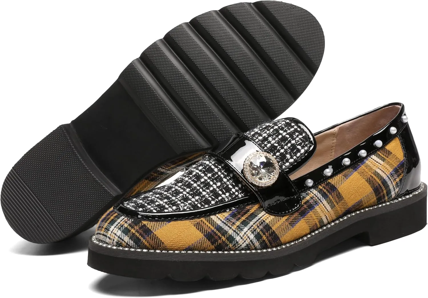 Women's Plaid Lug Sole Penny Loafers,Ladies Sparkly Rhinestones Pearl Trendy Low Heel Slip on Dressy Holiday Shoe Round Toe Comfort Party Evening Glitter Memory Foam Shoe