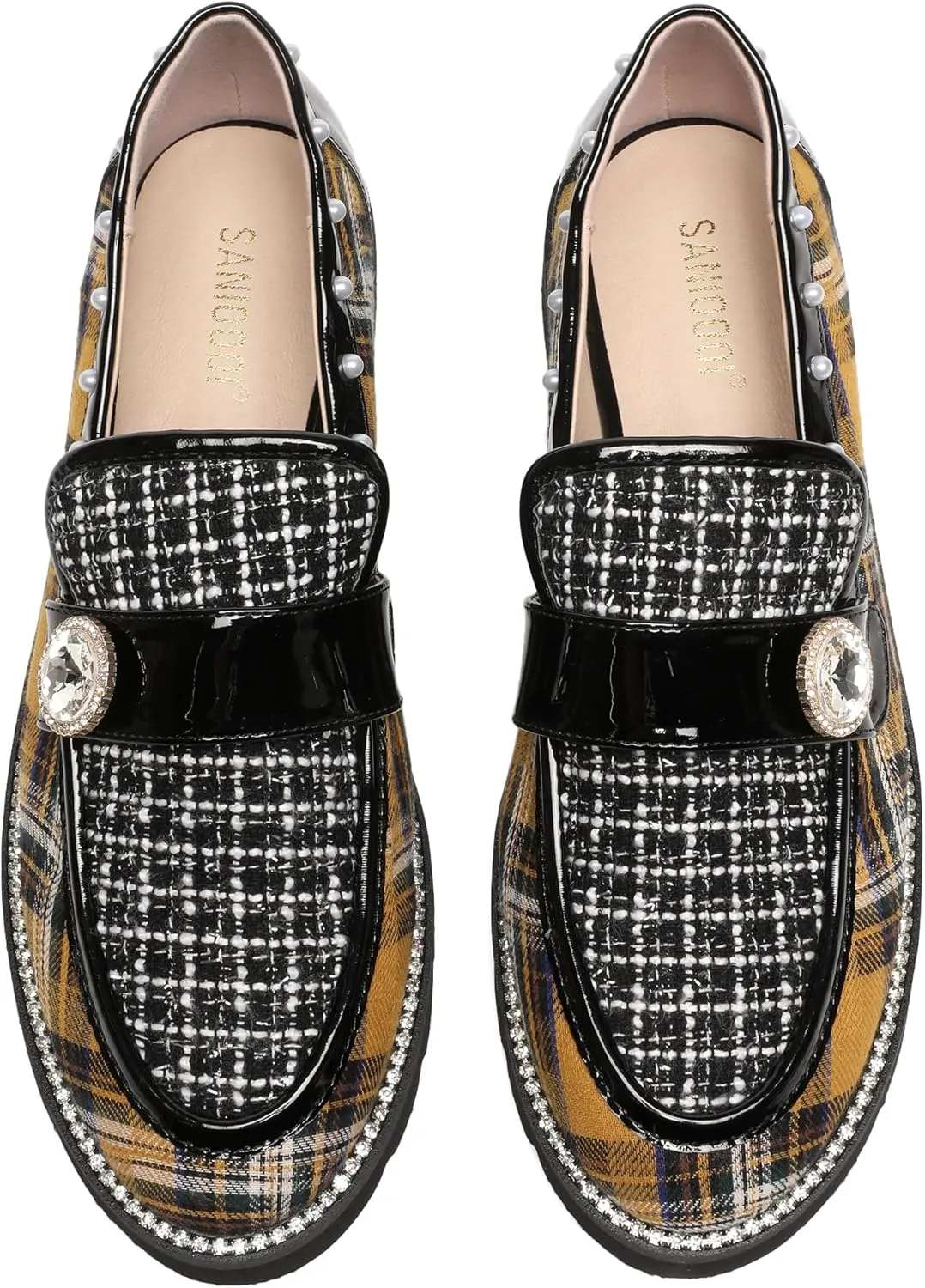 Women's Plaid Lug Sole Penny Loafers,Ladies Sparkly Rhinestones Pearl Trendy Low Heel Slip on Dressy Holiday Shoe Round Toe Comfort Party Evening Glitter Memory Foam Shoe