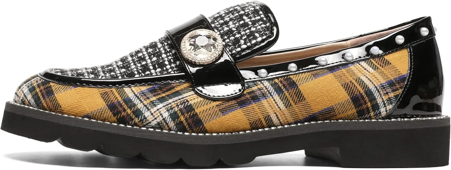 Women's Plaid Lug Sole Penny Loafers,Ladies Sparkly Rhinestones Pearl Trendy Low Heel Slip on Dressy Holiday Shoe Round Toe Comfort Party Evening Glitter Memory Foam Shoe
