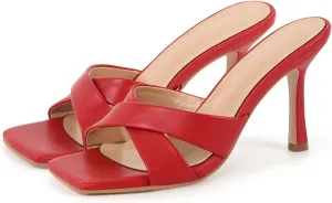 Women's Red Square Toe Mules - 9.5CM Thin Heel, Open Toe Big Size Stilettos