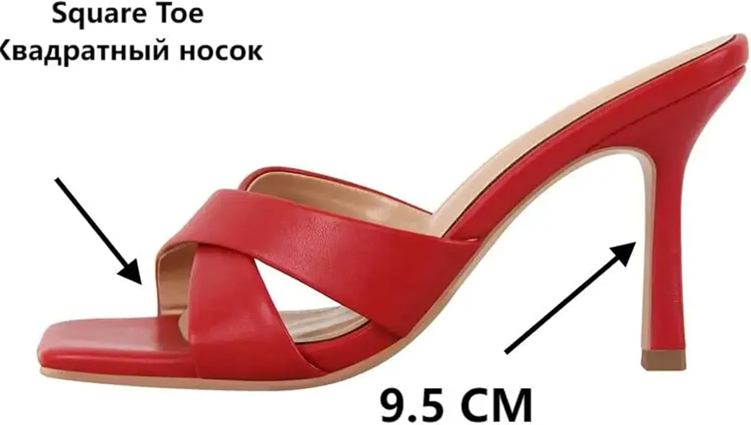 Women's Red Square Toe Mules - 9.5CM Thin Heel, Open Toe Big Size Stilettos