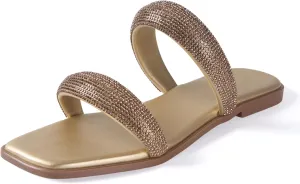 Women's Rhinestone Flat Sandals for Women Slip On Square Open Toe Slides Sandals Sparkly Cute Two Strap Flat Dressy Wedding Summer