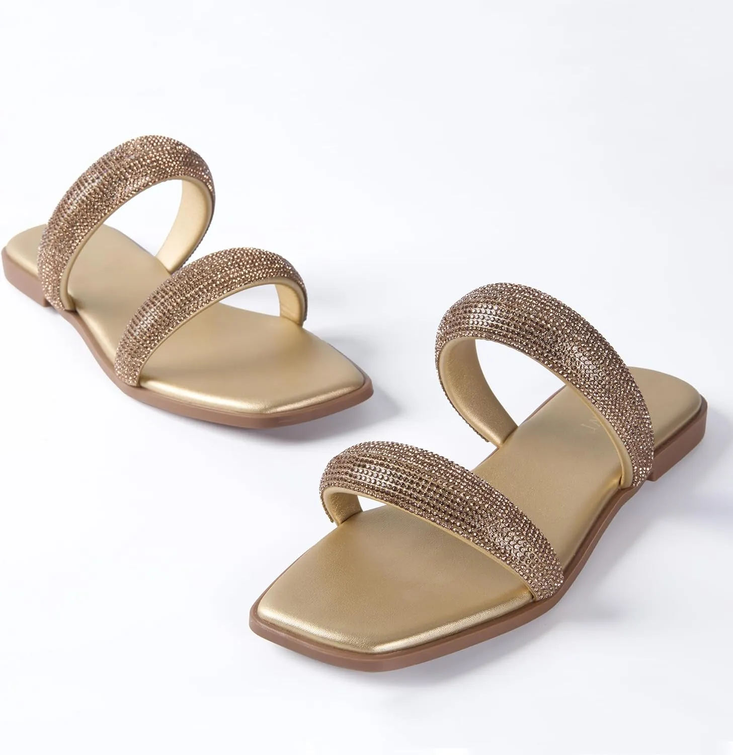 Women's Rhinestone Flat Sandals for Women Slip On Square Open Toe Slides Sandals Sparkly Cute Two Strap Flat Dressy Wedding Summer