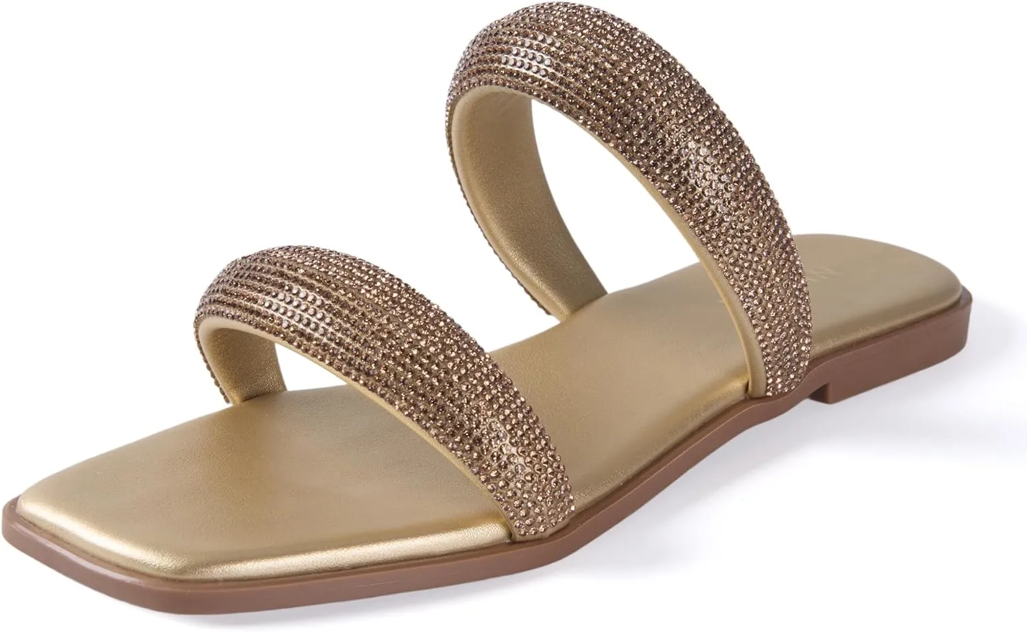 Women's Rhinestone Flat Sandals for Women Slip On Square Open Toe Slides Sandals Sparkly Cute Two Strap Flat Dressy Wedding Summer