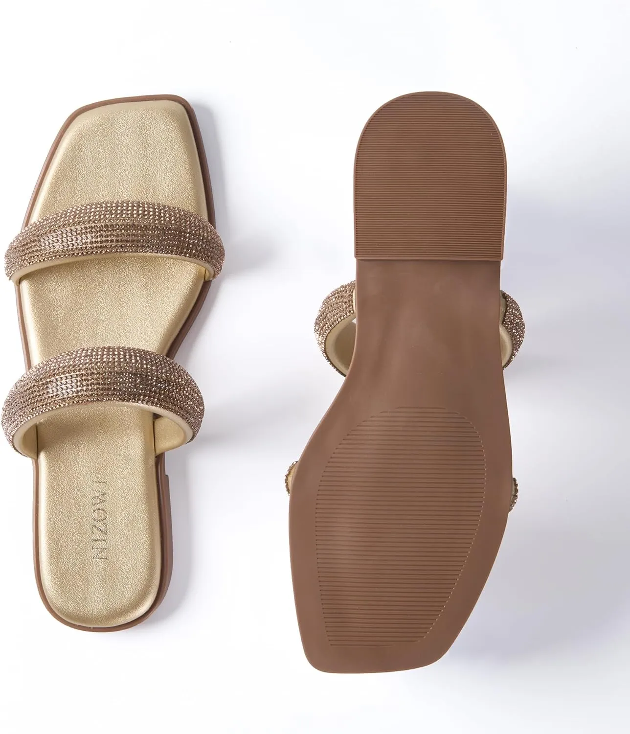 Women's Rhinestone Flat Sandals for Women Slip On Square Open Toe Slides Sandals Sparkly Cute Two Strap Flat Dressy Wedding Summer