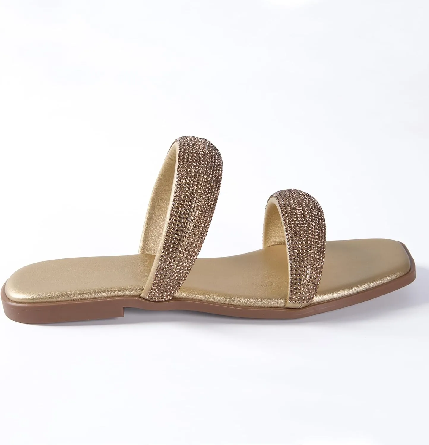 Women's Rhinestone Flat Sandals for Women Slip On Square Open Toe Slides Sandals Sparkly Cute Two Strap Flat Dressy Wedding Summer