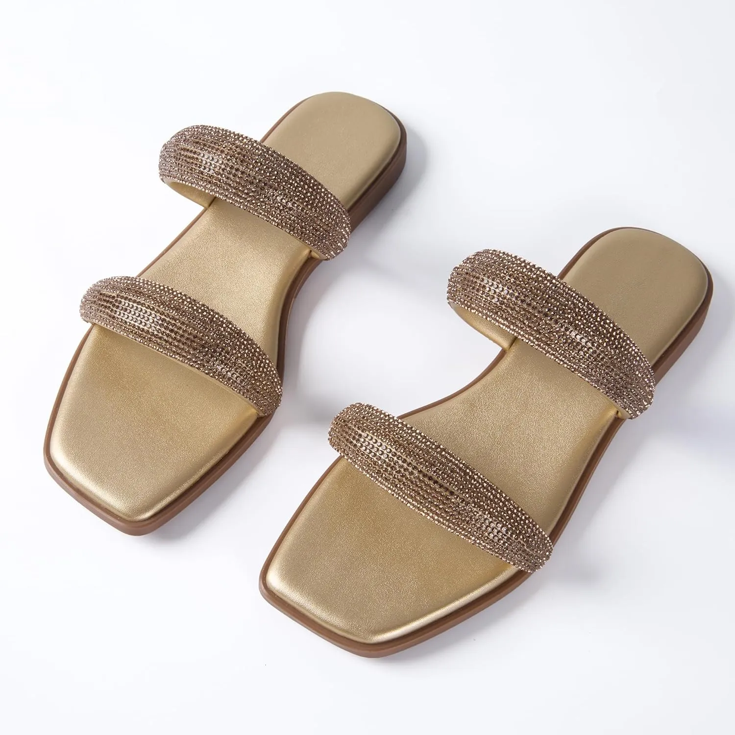 Women's Rhinestone Flat Sandals for Women Slip On Square Open Toe Slides Sandals Sparkly Cute Two Strap Flat Dressy Wedding Summer