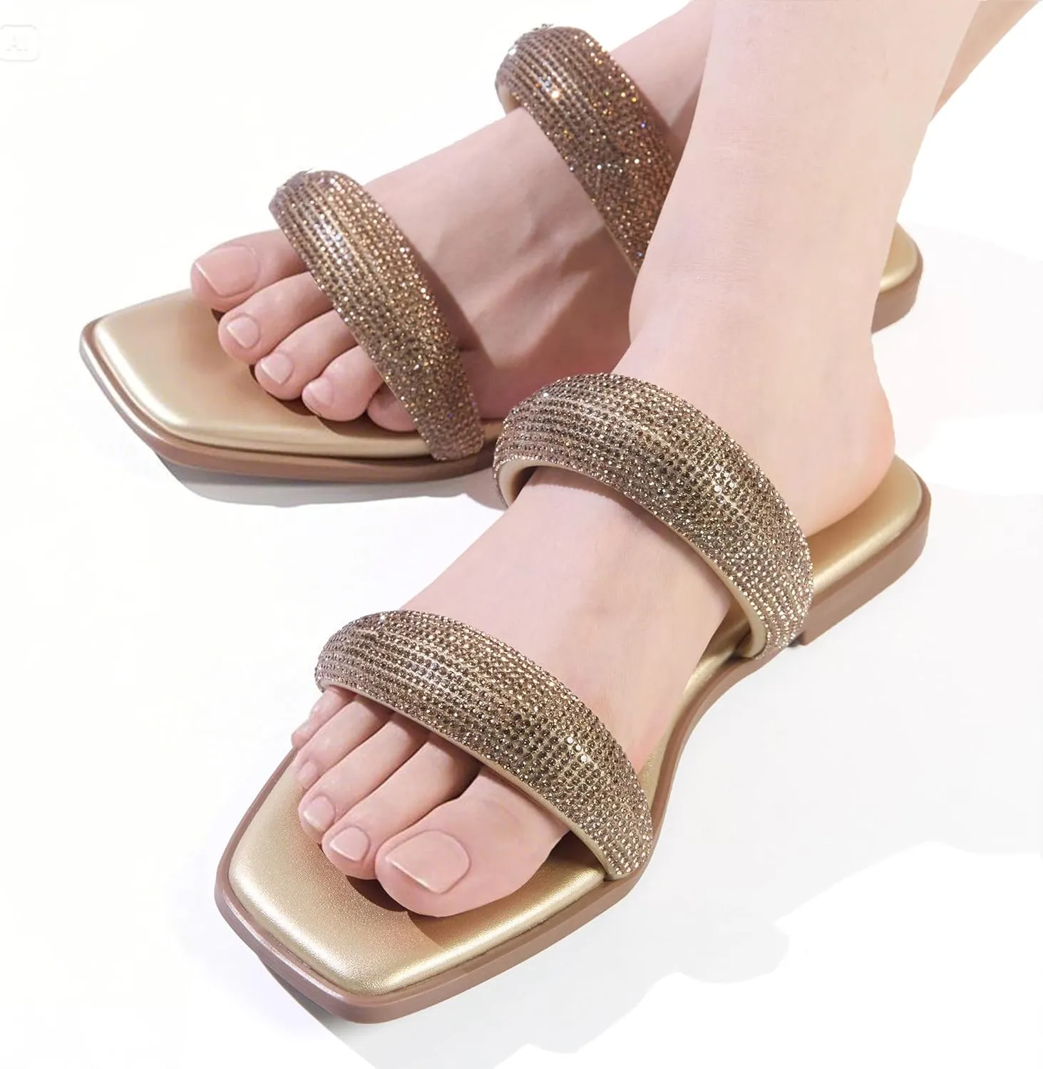 Women's Rhinestone Flat Sandals for Women Slip On Square Open Toe Slides Sandals Sparkly Cute Two Strap Flat Dressy Wedding Summer