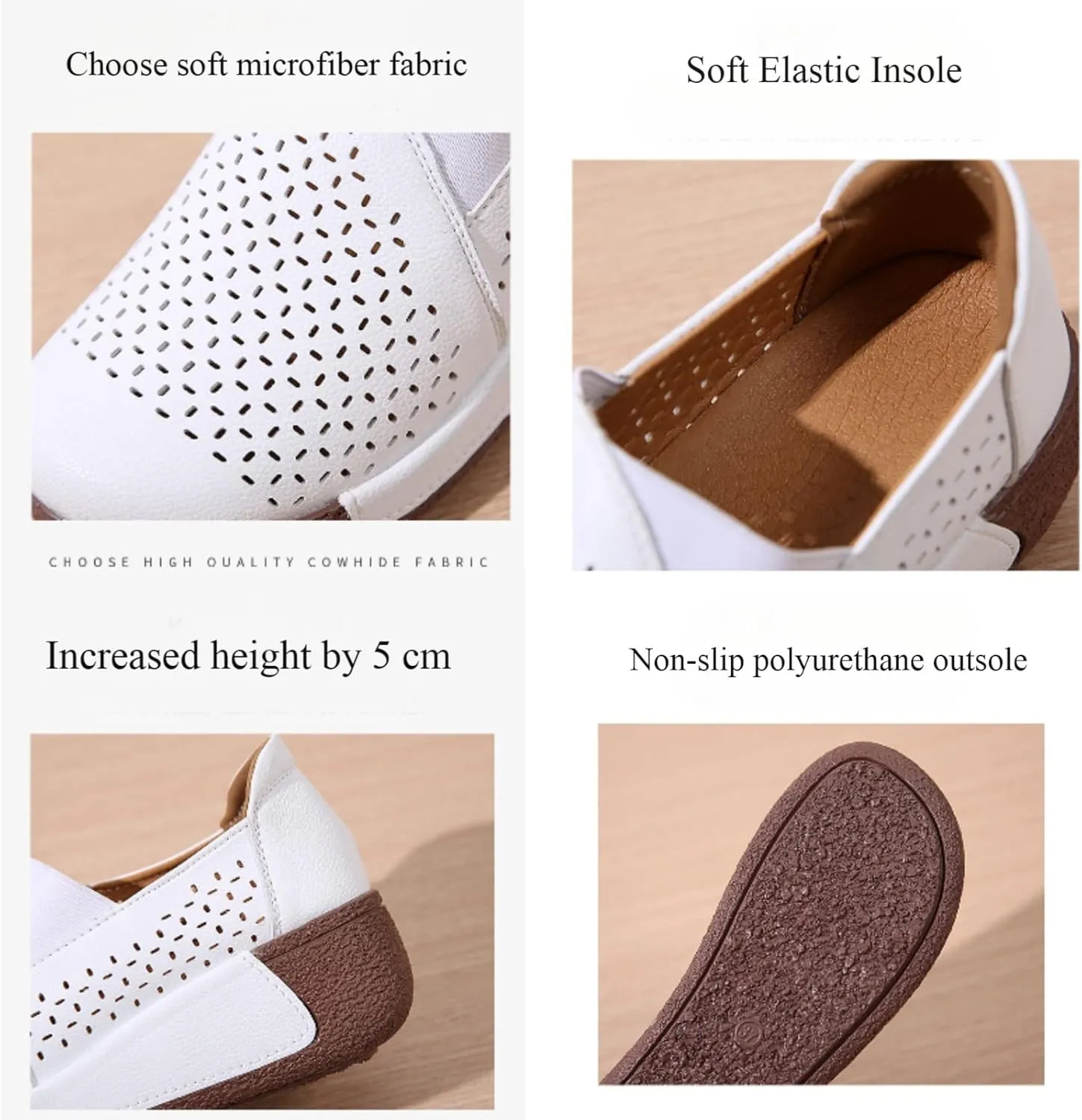 Women's Round Toe Platform Wedge Slip On Loafers, Comfortable Genuine Leather Moccasin Low Top Casual Cutout Loafers.