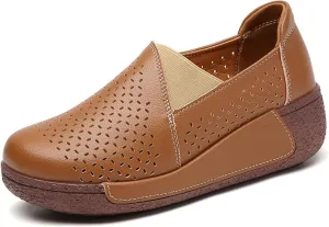 Women's Round Toe Platform Wedge Slip On Loafers, Comfortable Genuine Leather Moccasin Low Top Casual Cutout Loafers.