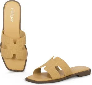 Womens Slip On Flat Sandals Soft Leather Open Toe Slide for Summer Dressy
