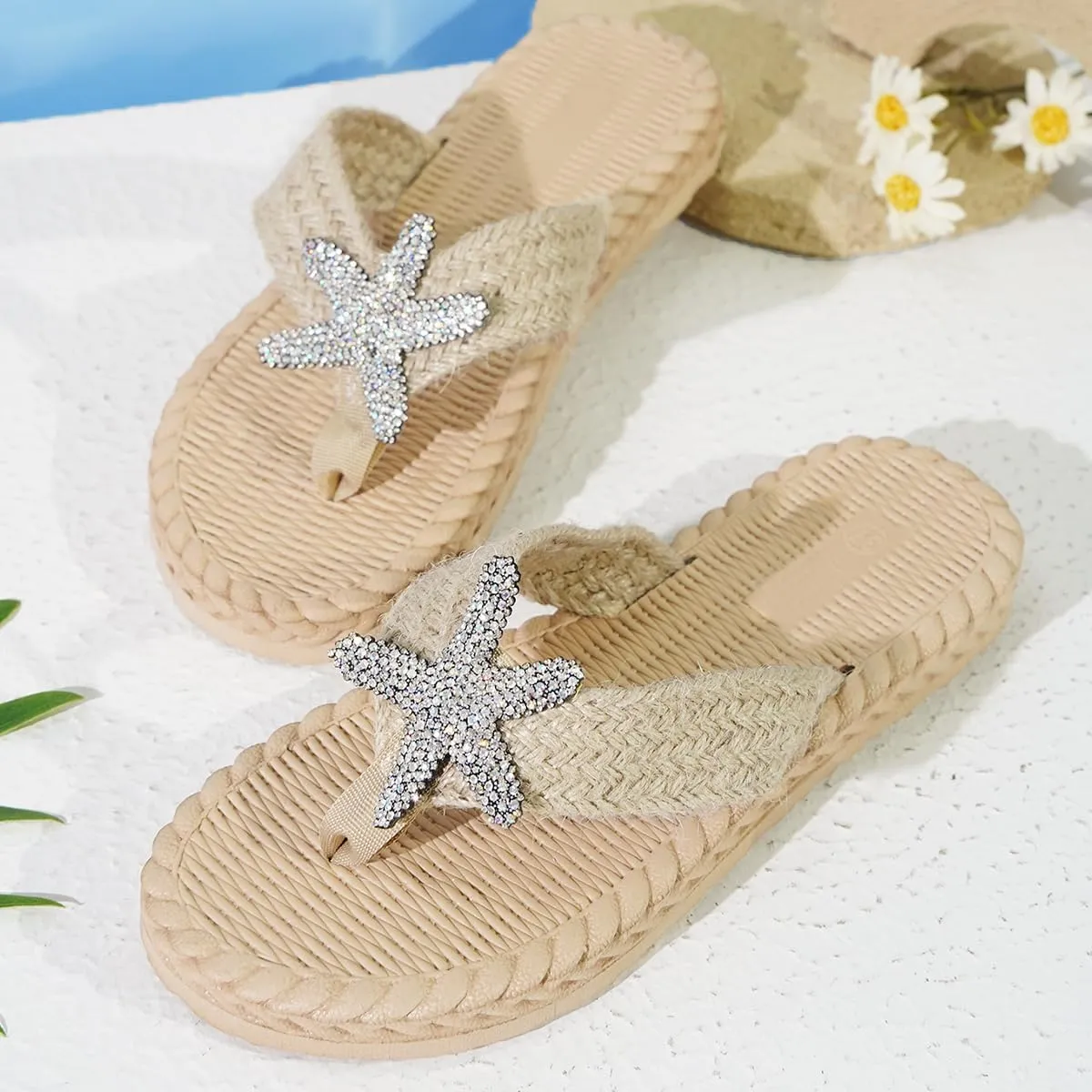Women's Soft Woven Clip - Toe Slides Sandals with Sparkle Animal Rhinestones - Cute, Dressy & Casual Walking Flat Sandals for Summer