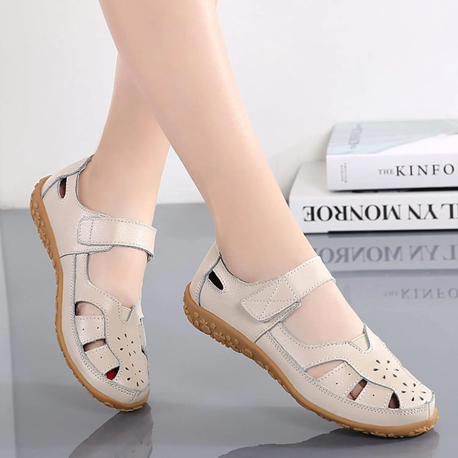 Women's Summer Casual Closed Toe Leather Sandals,Comfortable Soft Sole Ankle Strap Mary Jane Orthopedic Beach Shoes