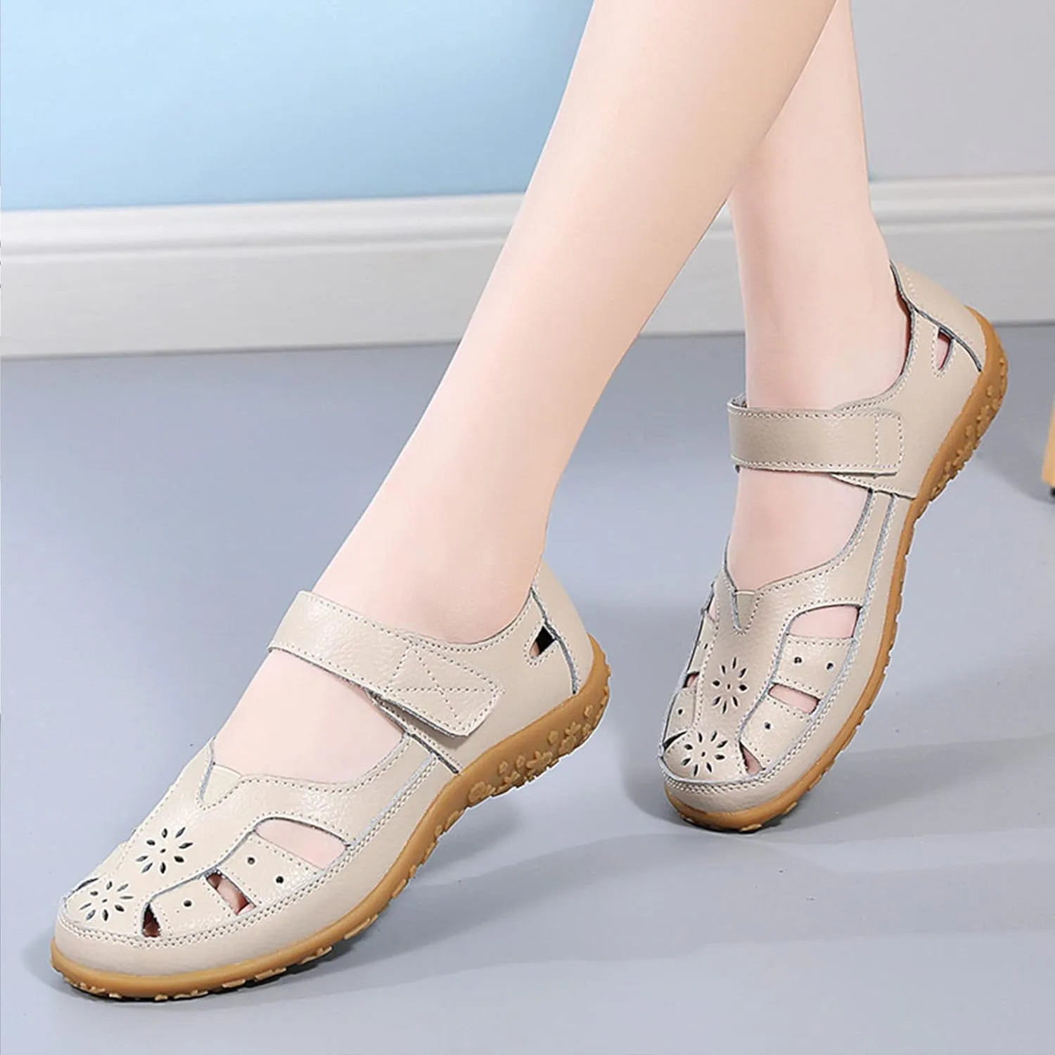 Women's Summer Casual Closed Toe Leather Sandals,Comfortable Soft Sole Ankle Strap Mary Jane Orthopedic Beach Shoes