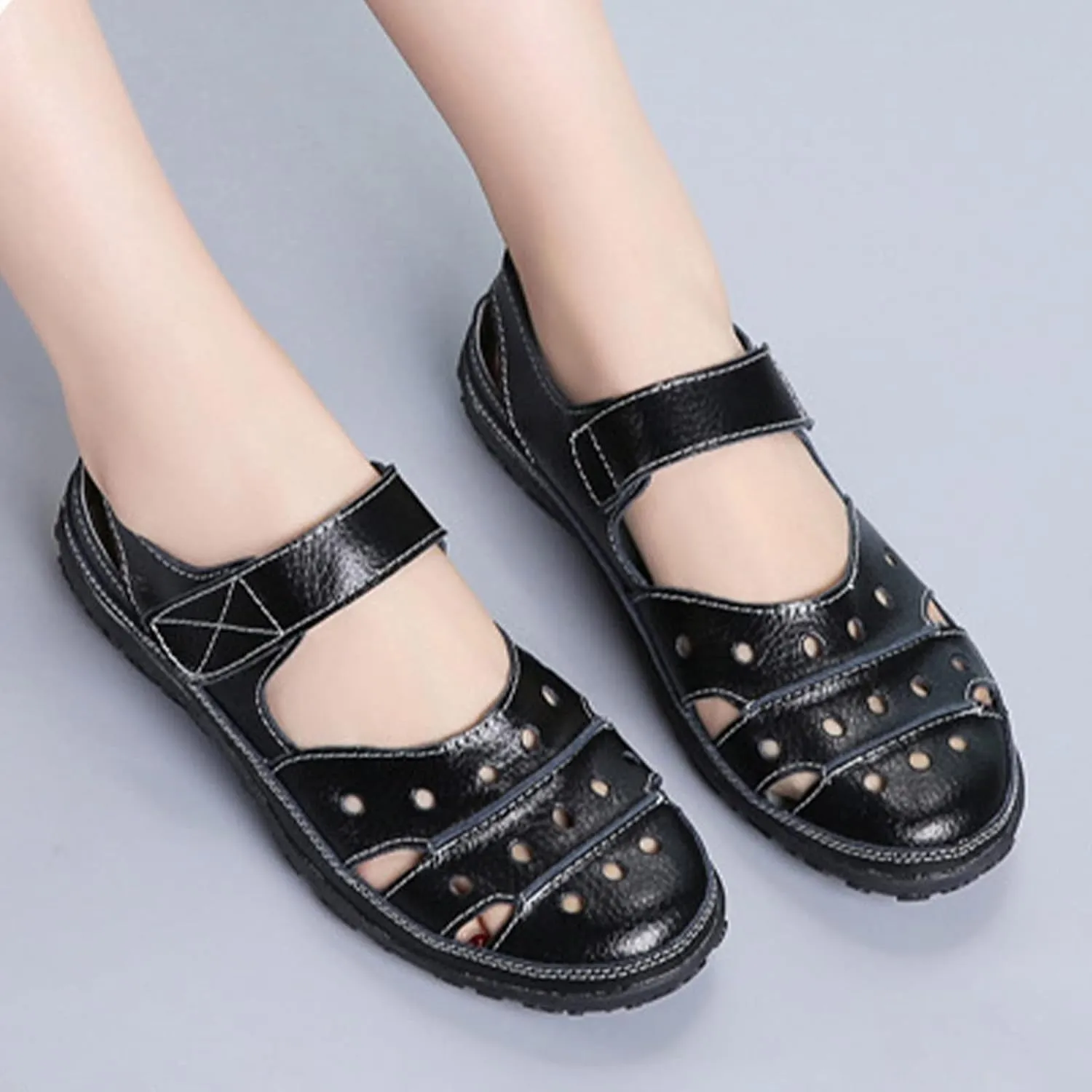 Women's Summer Casual Closed Toe Leather Sandals,Comfortable Soft Sole Ankle Strap Mary Jane Orthopedic Beach Shoes
