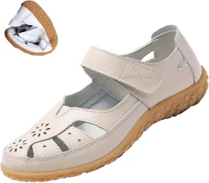 Women's Summer Casual Closed Toe Leather Sandals,Comfortable Soft Sole Ankle Strap Mary Jane Orthopedic Beach Shoes