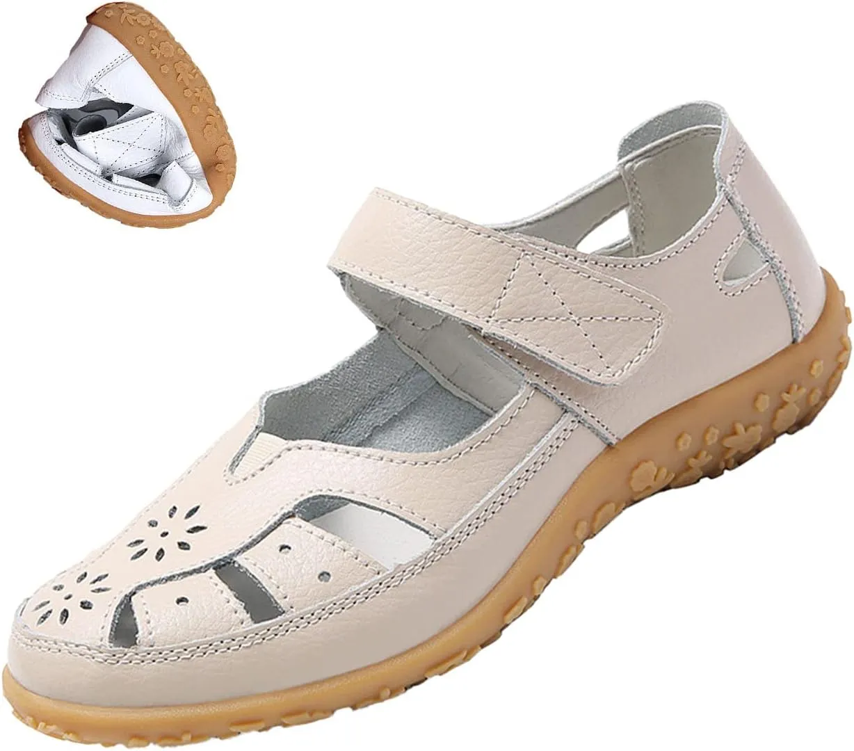 Women's Summer Casual Closed Toe Leather Sandals,Comfortable Soft Sole Ankle Strap Mary Jane Orthopedic Beach Shoes