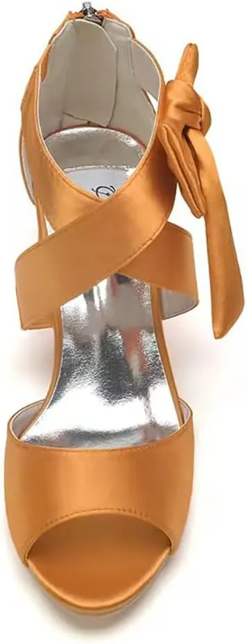Women's Thick Heel Sandals Satin Evening Dress Shoes with Soft Bowknot