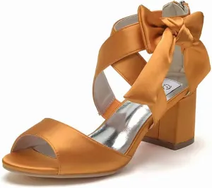 Women's Thick Heel Sandals Satin Evening Dress Shoes with Soft Bowknot